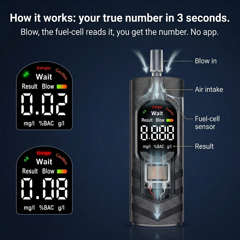 How TrueRead works: blow in, the fuel-cell reads it, you get your number in 3 seconds